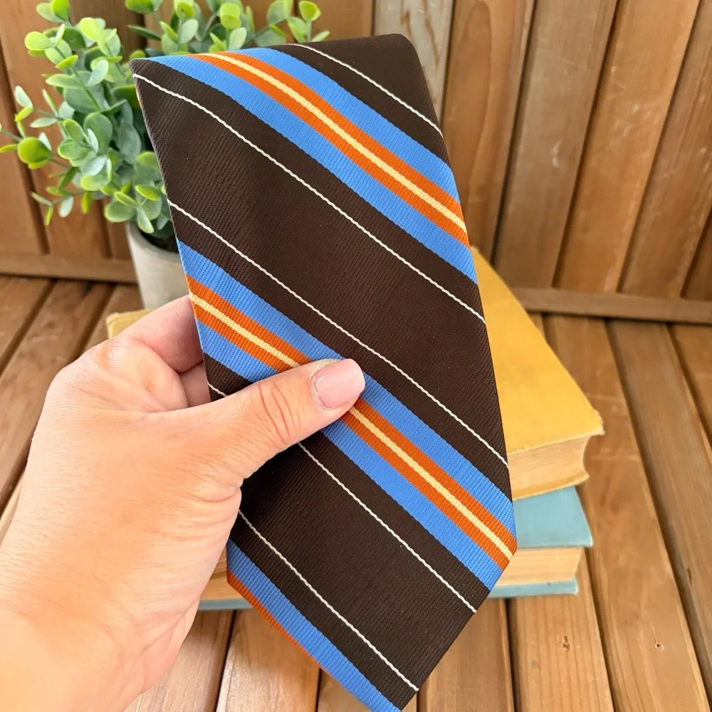 Vintage Brown Blue Orange Regimental Stripe Tie Classic Mens Necktie - Picture 4 of 7